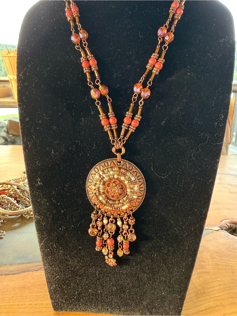 Boho Copper-Tone Red Beaded Medallion Pendant Necklace